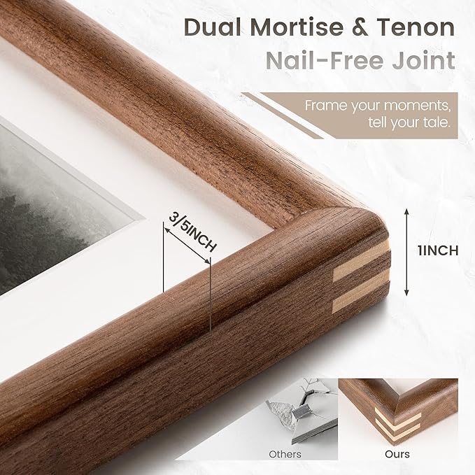 11x14 Picture Frame with 8x10 Mat, USA-Sourced Natural Walnut Wood Photo Collage Frame with HD Tempered Glass, Double Mortise and Tenon Strips, Wall Display Horizontally and Vertically, 3 Pack