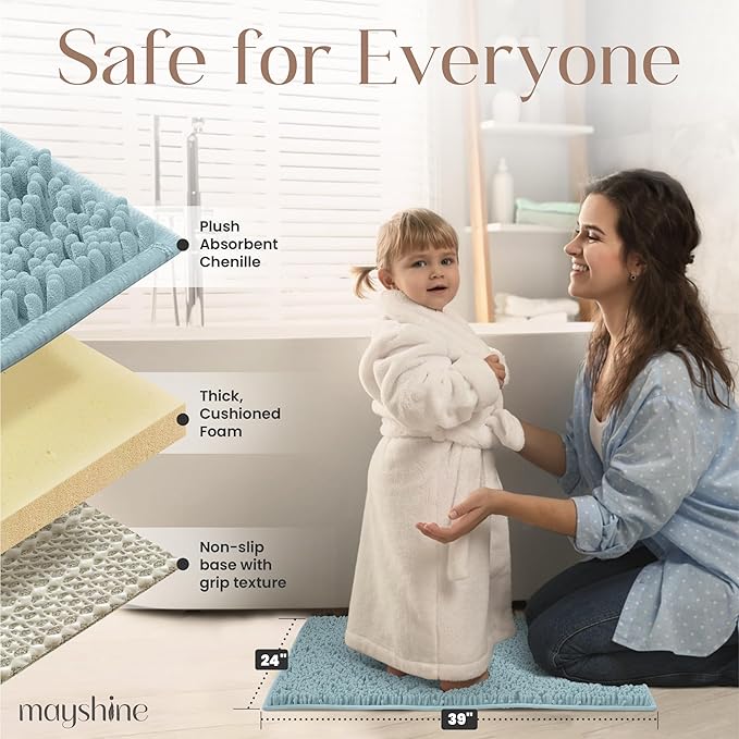 MAYSHINE Plush Shaggy Chenille Bath Mat | Extra Soft, Super Absorbent, Non-Slip Bathroom Rug | Fluffy Microfiber, Area Rug Sets for Bathroom Floor, Kitchen, Living Room | 39"x24" | Spa Blue