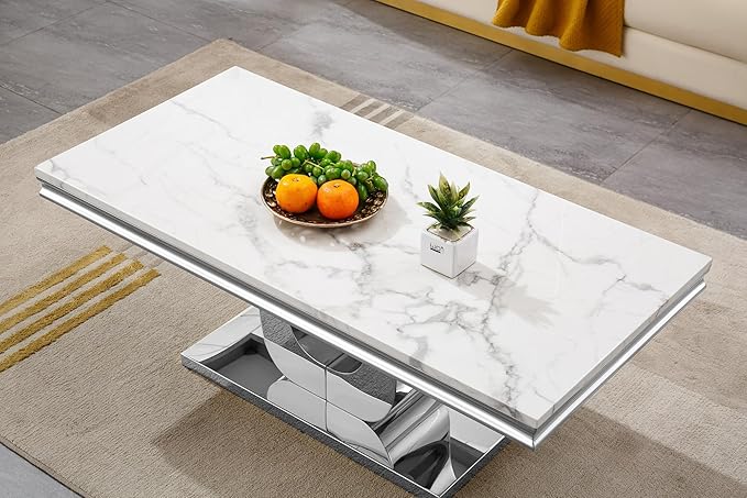 SSLine Rectangular Faux Marble Coffee Table for Living Room Modern Luxury White Marble Center Table with Silver Pedestal Base 46.8" Mid-Century Cocktail Table with Mirrored Stainless Steel Frame