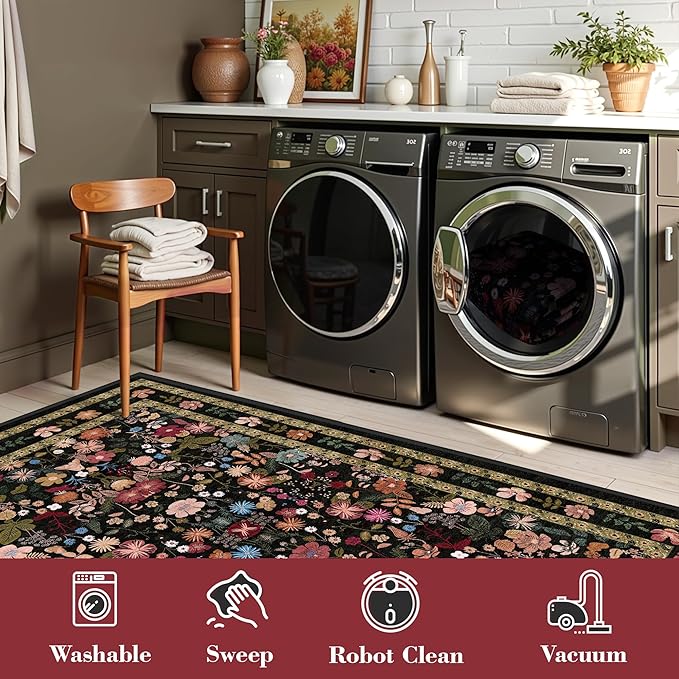 Deerly Living Room Rug 5x7 Rug Washable Vintage Boho Area Rug Non Slip Black Floral Soft Low Pile Thin Large Bedroom Floor Mat Indoor for Dining Room Playroom Nursery Farmhouse, Black/Multi