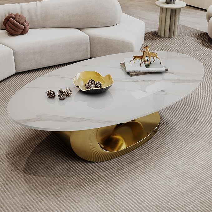 Modern Oval Sintered Stone Coffee Table, 49.2" White and Gold Rectangle Coffee Table with Faux Marble Top & Golden Geometric Stainless Steel Base, Rectangle Tea Center Table for Living Room