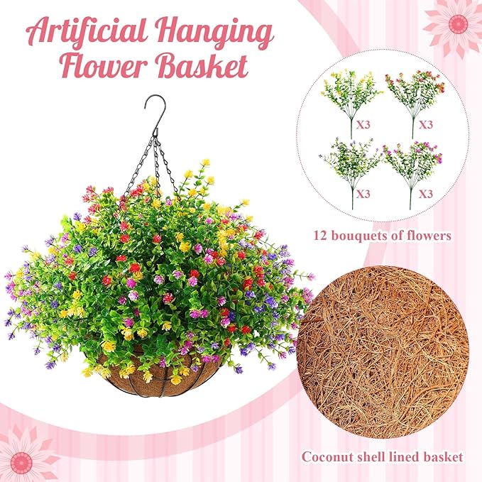 Lyrow 2 Pcs Artificial Hanging Flowers with Fake Basket Outdoor Realistic Hanging Plants with 12 Inch Coconut Lining Basket for Patio Lawn Garden Porch Decor(Colored)