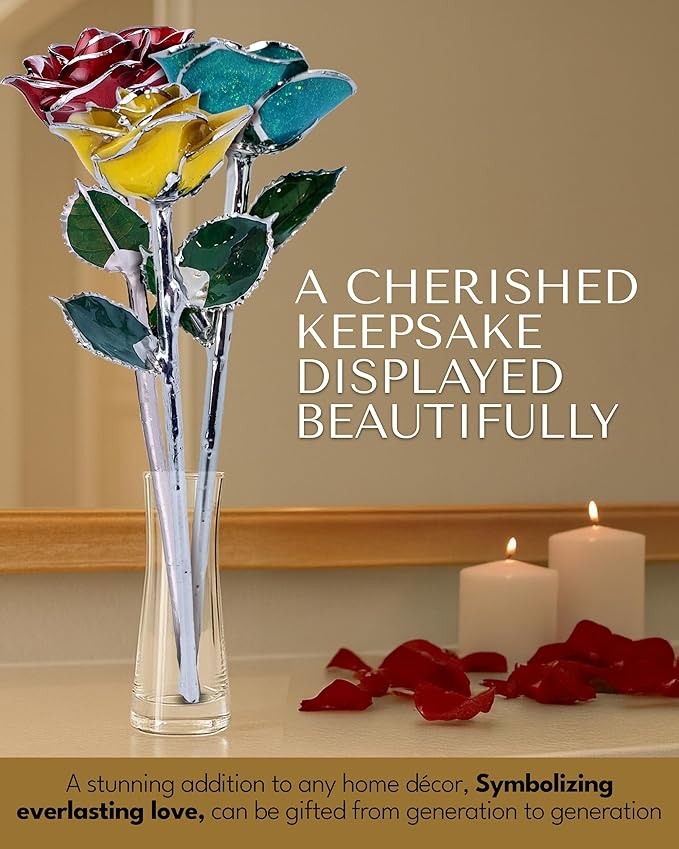 Forever Rose Real Serenity Sparkle Rose with Glittery Teal Platinum Trimmed Petals and Platinum Stem, Handcrafted Preserved Rose in Gold Gift Box, Romantic Gift for Her, Elegant Gift for Any Occasion