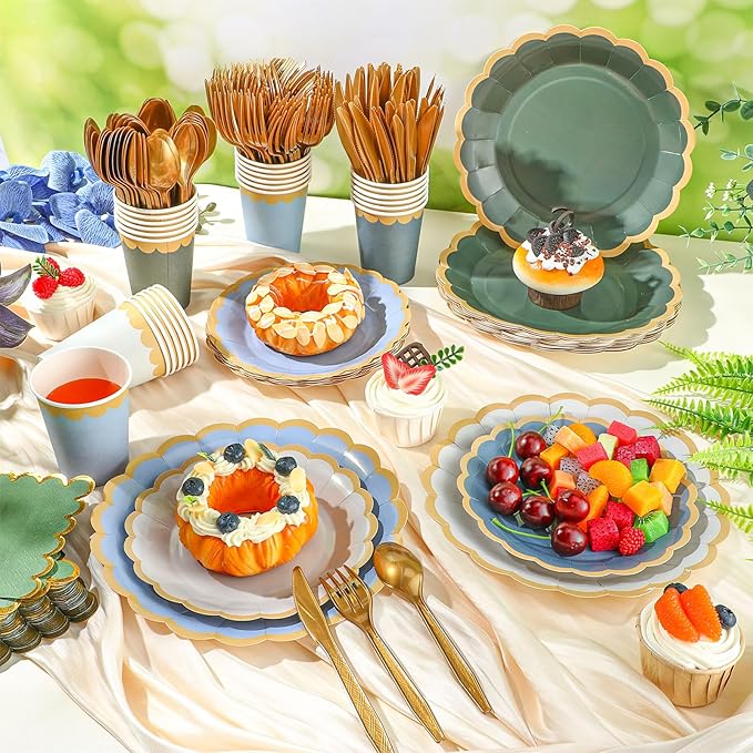 169 Pcs Blue and Sage Green Plates and Napkins Party Supplies for Guests Dusty Blue Tableware Include Scalloped Plates Paper Napkin Cup Spoon Fork Knife for Baby Shower, Wedding, Birthday