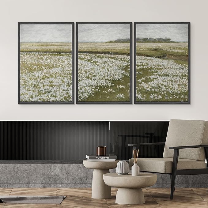 SIGNWIN Framed Canvas Print Wall Art Set White Daisy Flower Country Farm Field Nature Abstract Illustrations Decorative Nordic for Living Room, Bedroom, Office - 24"x36"x3 Black