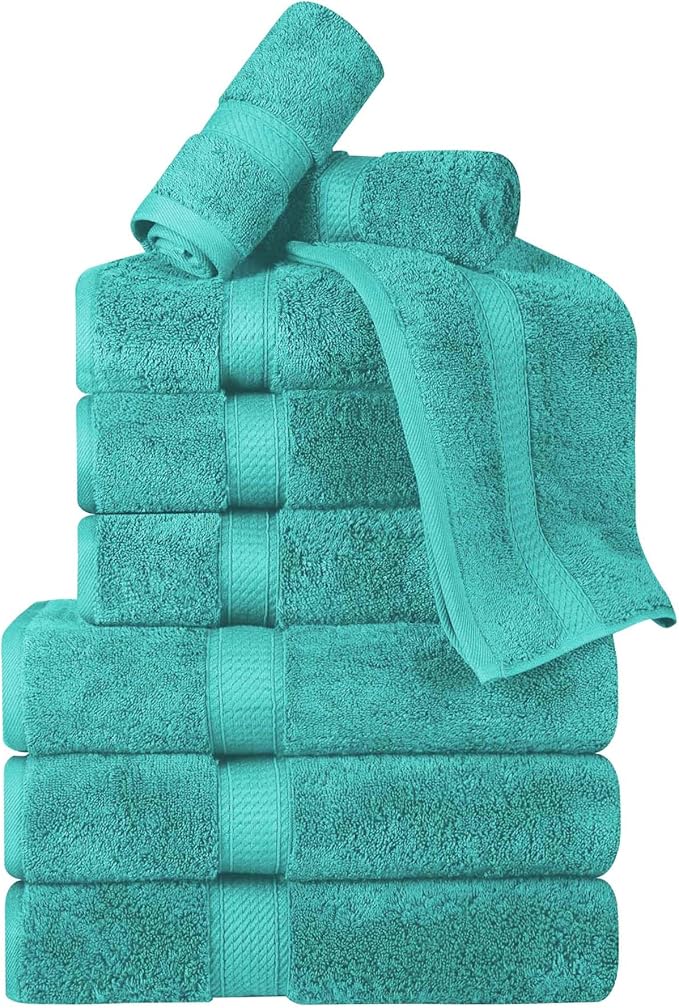 BNM Egyptian Cotton Heavyweight Towels, Ideal For Bathroom, Shower, Spa, Hotel, 800 GSM, Face/ Washcloths, Hand Towels, Bath Towels, Highly-Absorbent, Luxury Home Basics, 9 Piece Towel Set, Turquoise