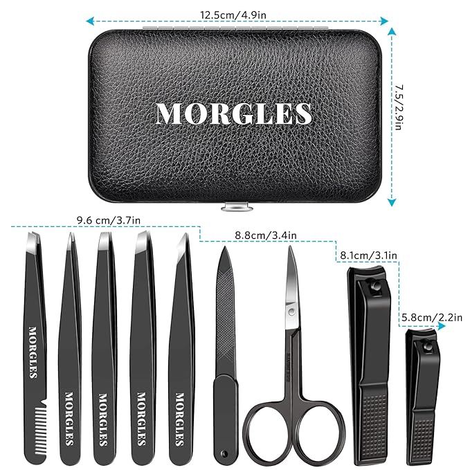 MORGLES Tweezers Set and Nail Clippers, 9 Pcs Stainless Steel Tweezers Kit for Men Professional Manicure Set for Men Grooming Kit with Leather Travel Case