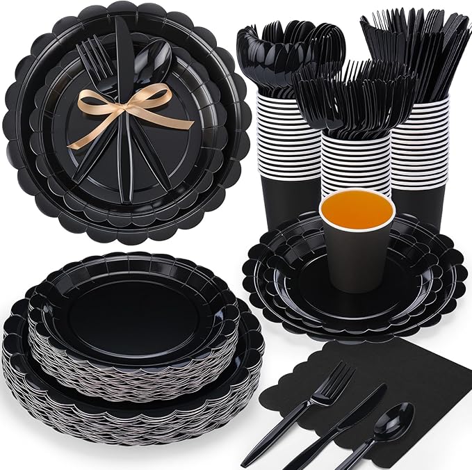 350 Pcs Black Plates and Napkins, 50 Guest Halloween Party Supplies Include Scalloped Paper Plate Napkin Cups Plastic Spoons Forks Knives Disposable Tableware Set for Halloween Day of the Dead