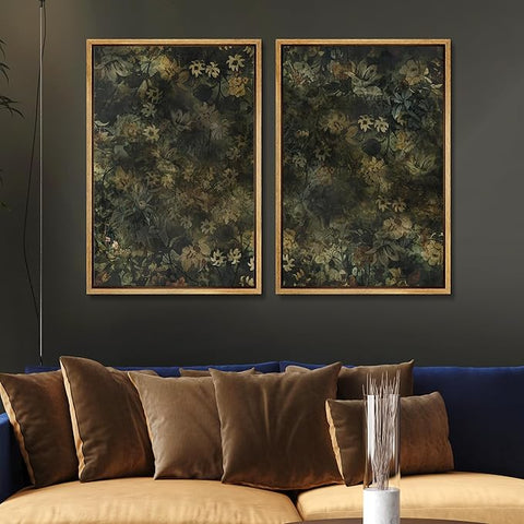 SIGNWIN Framed Canvas Print Wall Art Set Botanical Shadows Dark Floral Illustrations Modern Art Rustic Relax/Calm for Living Room, Bedroom, Office - 16"x24"x2 Natural