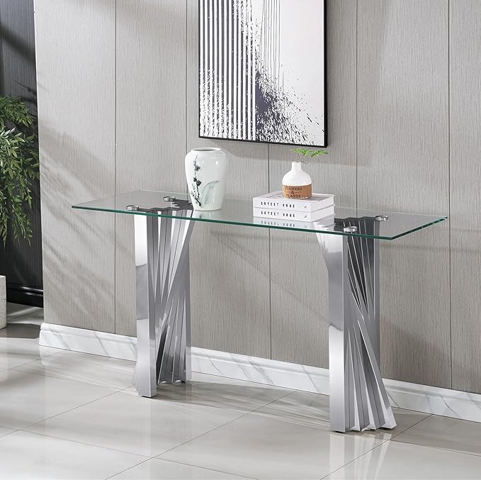 SSLine Glass 3 Piece Living Room Table Sets,3-Piece Table Set Includes 1 Glass Coffee Table and 1 Console Table and End Tables with Stainless Steel Frame,Modern Coffee Table Set of 3 for Living Room