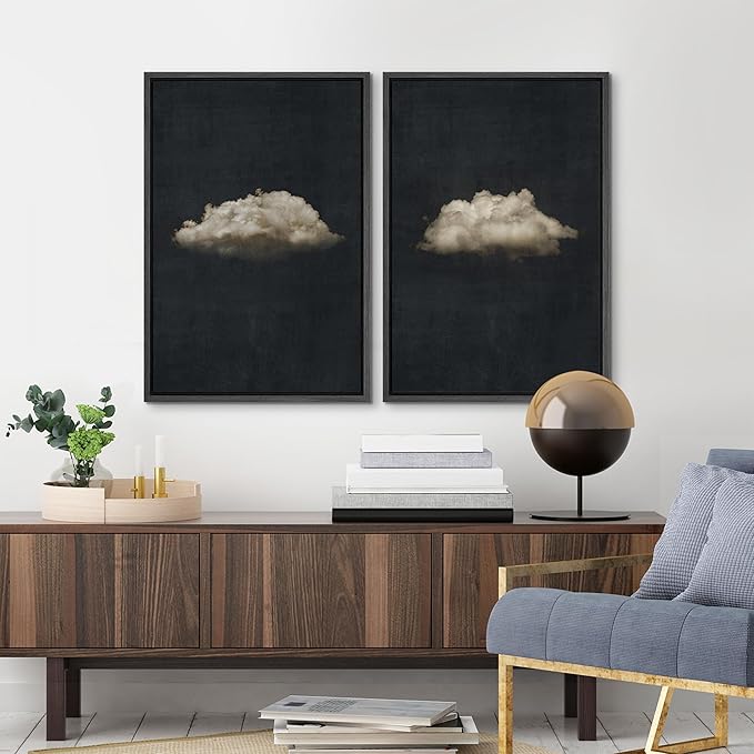 MUDECOR Framed Canvas Print Wall Art Minimalist Cloud on Dark Background, Modern Monochrome Nature Illustrations Modern Art Decorative Multicolor Minimalism for Bedroom - 24"x36"x2 Black