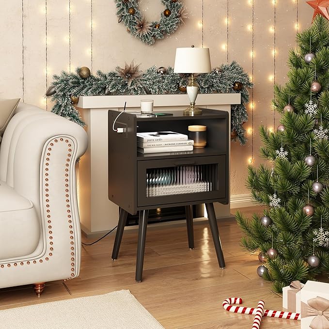 Mid Century Modern Nightstand with Charging Station, Bedside Tables with Glass Drawer, End Table Side Table with 2 Tiers Storage Space, for Bedroom, Living Room, Black