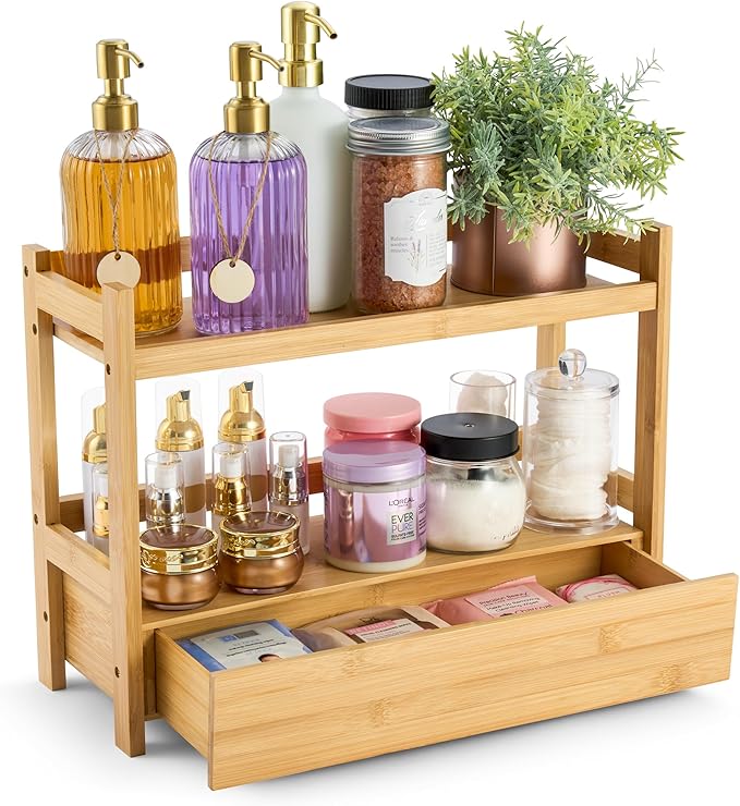 Sorbus Bamboo Bathroom Counter Organizer – 2-Tier Shelf with Hidden Drawer for Vanity, Matcha Station, Bathroom Sink Organizer Countertop, Kitchen & Office Storage (17″ L x 6.5″ W x 12.6″ H)