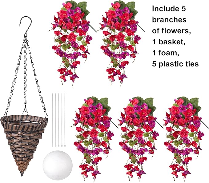 Ivydale Artificial Faux Hanging Flowers Plant Baskets for Outdoors Decoration, Fake Hibiscus UV Resistance Realistic Silk Flower for Outside Home Patio Porch Balcony Garden Wedding, Mix
