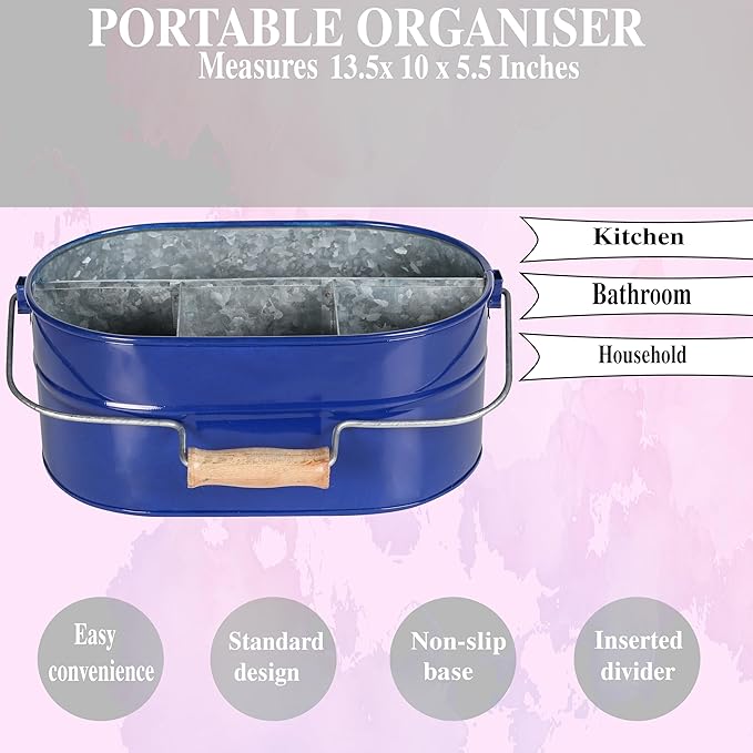 Alpha Living Home 4-Section Galvanized Utensil Caddy - Farmhouse Organizer with 4 Compartments and Wooden Handle - Versatile Storage for Kitchen, Outdoor & Party Essentials (Blue)