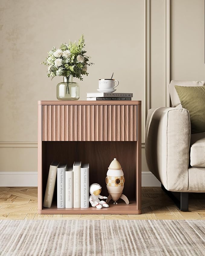 WLIVE Night Stand, Wood Nightstand with Storage Drawer and Open Shelf, Fluted Bedroom Nighstand, Mid Century Bed Side Table, End Tables Living Room, Dorm, Home Office, Carrocci Brown