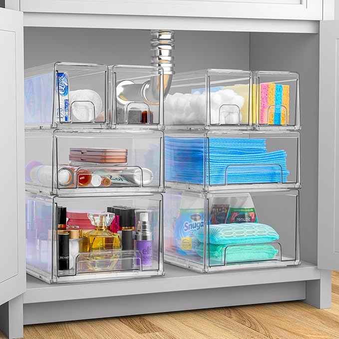 Sorbus Medium Clear Stackable Storage Drawers – 4-Pack Plastic Organizer Bins with Handles – Stackable Pull-Out Storage Drawers for Closet, Pantry, Office, Bathroom, Craft, and Toy Organization