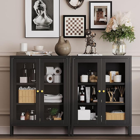 Metal Bathroom Cabinet with Glass Doors,Bathroom Floor Storage Cabinet with 2 Adjustable Shelves & 2 Doors, Sideboard for Small Spaces, Living Room, Dining Room, Home Office