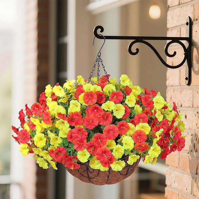 Artificial Fake Hanging Flowers with Basket for Fall Decoration, 12 Bundles Faux Silk Morning Glory Plants for Outdoor Planters, Realistic UV Resistant Artificial Flowers for Outside Porch Garden