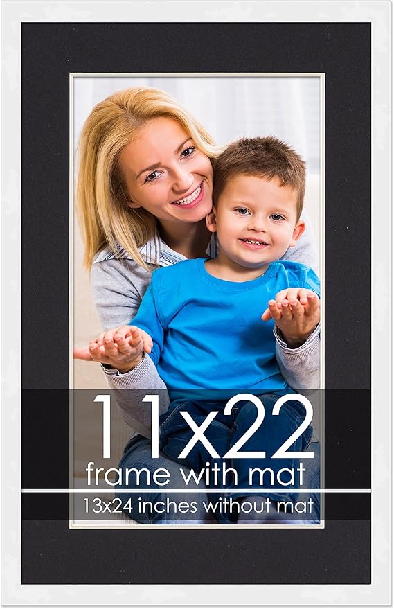 11x22 Frame with Mat - White 13x24 Frame Wood Made to Display Print or Poster Measuring 11 x 22 Inches with Black Photo Mat