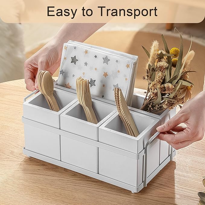 PTSTING Silverware Caddy White Wood Flatware Holder Paper Plate Dispenser Silverware Utensil Caddy Cutlery Flatware Organizer Box for Spoons Forks Plates Napkins