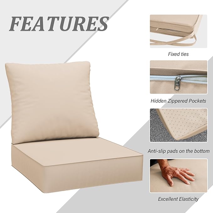 Outdoor Seat Cushion Set 24 x 24 x6.5 Inch Splash-Proof & Fade Resistant Patio Furniture Cushions with Removable Cover Deep Seat & Back Cushion with Straps for Chair Sofa Couch