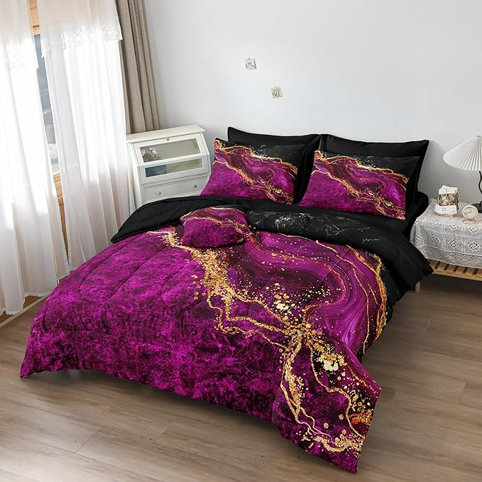 Black Gold Comforter Set 8 Pcs Hot Pink Marble Bedding Set Queen Size Bed in A Bag Purple and Black Marble Stone Texture Abstract Room Decor Black Marble Bed Comforter