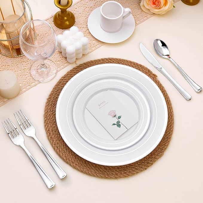 100PCS White Plastic Plates for Party, 10.25 Inch Heavy Duty Dinner Plates with Silver Rim, Disposable Plates for Wedding and Birthday