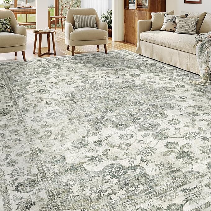 10x12 Neutral Area Rug Green Floral Living Room Bedroom Large Carpet Low Pile Vintage Non-Slip Soft Thin Washable Throw Rug for Dining Room Office Kitchen Indoor Nursery