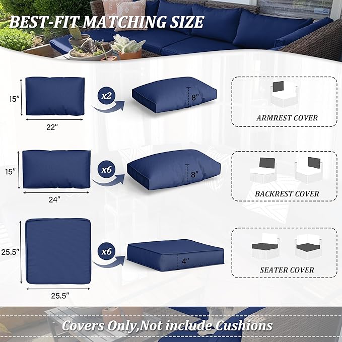 14 Pcs Outdoor Cushion Covers Patio Cushion Slipcovers Replacement Splash Proof with Zipper for Outdoor Furniture, Patio Sofa Couch 3 Sizes, Covers Only