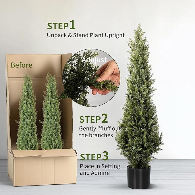 3 FT Artificial Cedar Topiary Trees 2 Set, Realistic Fake Cypress Tree Tall Faux Pine Shrubs Plants Artificial Cypress Trees for Home Offices Porch Decor (3 FT)