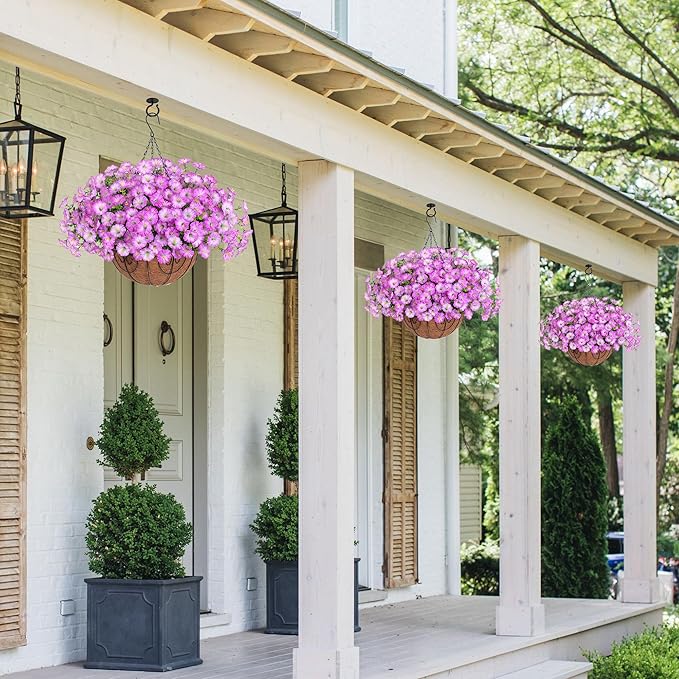 Ivydale Artificial Fake Hanging Flowers Plants in Basket for Outdoor Decoration, 12 Pcs Faux Morning Glory in Planter Realistic UV Resistant Silk Flowers for Home Porch Patio Balcony Yard Outside