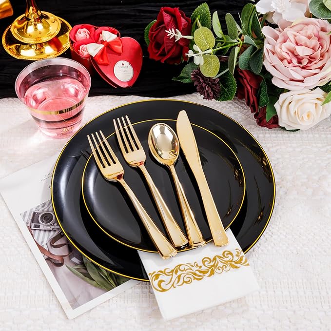 700PCS Black and Gold Disposable Dinnerware Set - Includes 100 Black Plastic Plates, 100 Dessert Plates, 100 Gold Plastic Silverware Set, 100 Cups 9 OZ, 100 Napkins Ideal for Wedding Party Birthday