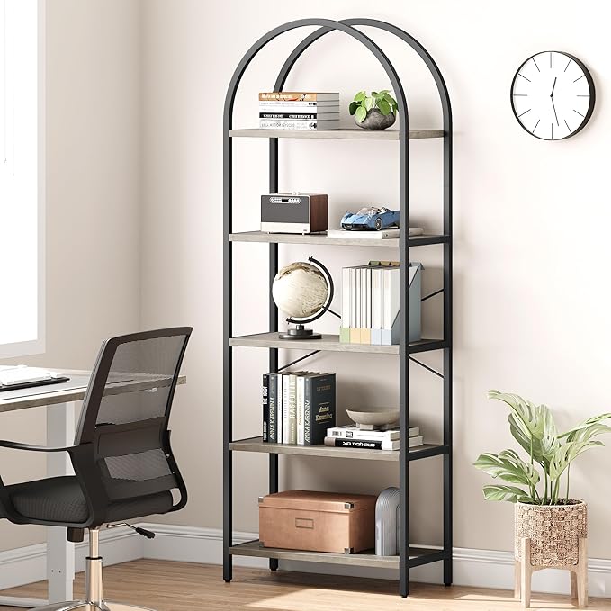 IDEALHOUSE Bookshelf 5 Tier Bookcase Arched Display Racks Tall Standing Bookshelves Metal Frame Farmhouse Storage Rack Shelf Grey Book Shelf for Bedroom, Living Room, Home Office