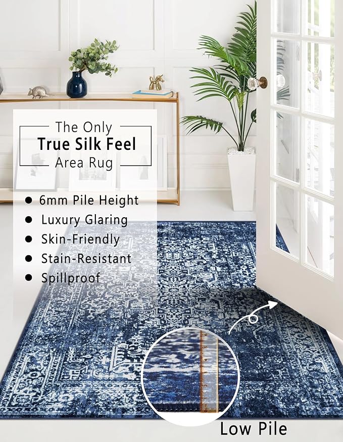 vivorug 4x6 Area Rugs, Stain Resistant Washable Rug for Living Room, Vintage-Inspired (Navy Blue, 4'x6')