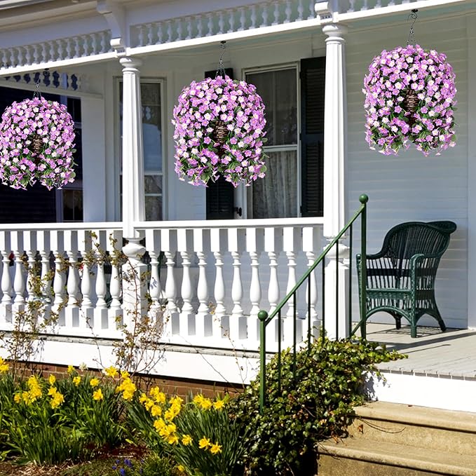 Artificial Faux Fall Hanging Flowers Plants Baskets for Outdoor Outside, Fake Silk Light Fuchsia and Fuchsia Orchid Trailing Vines in Planter Realistic UV Resistant for Balcony Porch Decor