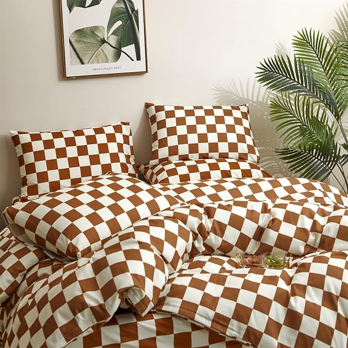 Pureant Pumpkin White Plaid Comforter Set Full Brown and White Checkered Bedding Comforter Soft Women Girls Brown Checkerboard Grid Quilts Full Size Boho Pumpkin Buffalo Plaid Comforter Geomertic