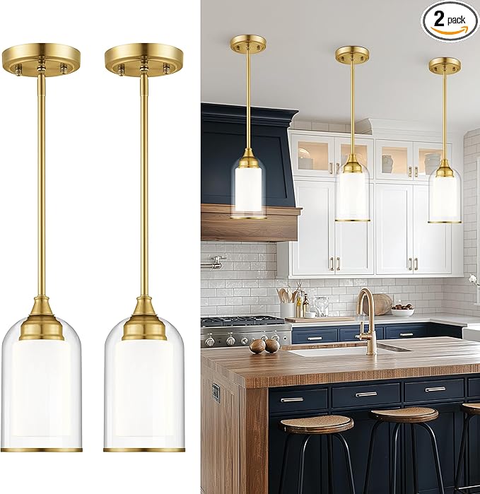 LIROUVET 2 Pack Pendant Lights, Vintage Dual Glass Hanging Lamp, Brushed Gold Pendant Lights Kitchen Island with Clear and Milk Glass, Pendant Lighting for Dining Room PL02BR-2PK