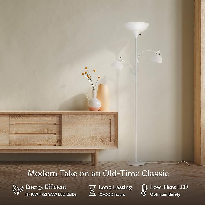 Brightech Sky Dome Double – High Brightness Torchiere Floor Lamp with 2 Reading Lights for Living Rooms, Bedrooms – Replace Halogen Standing Lamps with Efficient LED Office Lighting - Tall White Pole