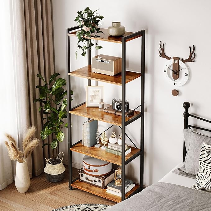 Casaottima Book Shelf, 5 Tier Bookshelf, Modern Wood Bookcase Shelves for Bedroom, Industrial Display Shelf for Living Room Home Office Kitchen, Standing Shelving Unit Storage Organizer, Vintage