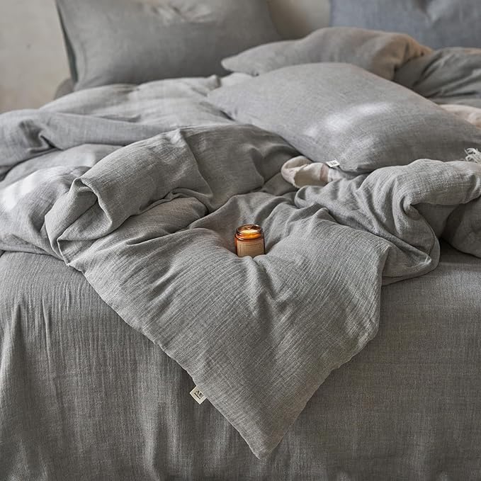 VM VOUGEMARKET Muslin Duvet Cover King Size,Breathable Linen Like Guaze Textured Bedding Comforter Cover Set 3 Pieces Minimalist Duvet Cover with 2 Pillowcases, 104"x90",Grey