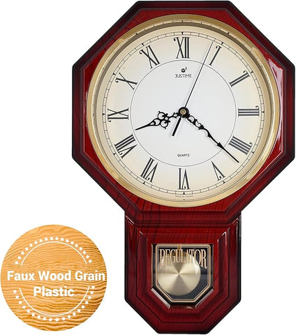 JUSTIME Traditional Schoolhouse Gradient Roman Regulator Wall Clock, Chiming Wall Clocks with Pendulum & Westminster Chime Hourly, Schoolhouse Wall Decor Battery Operated (Red Mahogany)