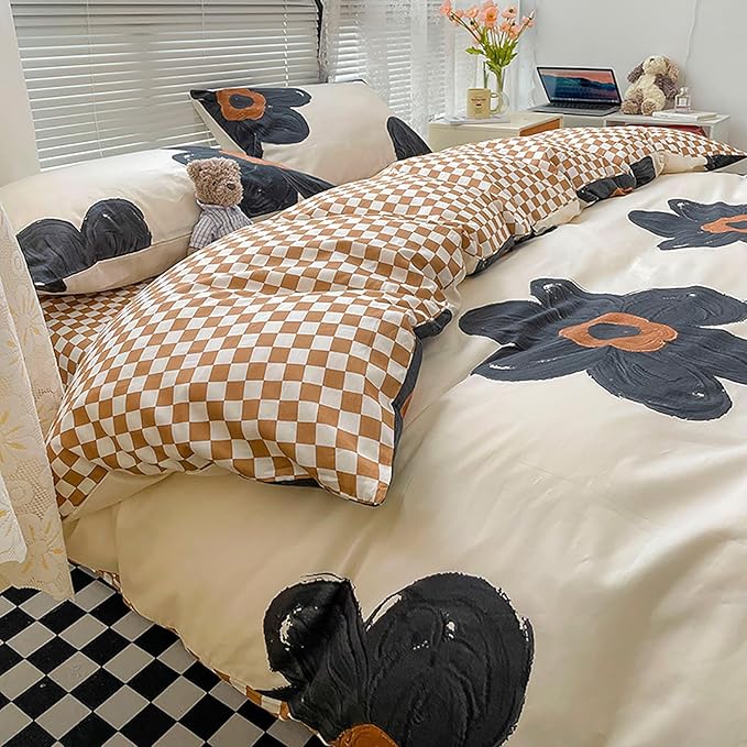 Luxlovery Boho Floral Comforter Set Queen Women Girls Black Sunflower Bedding Comforter Set Botanical Blanket Quilts Cute Beige Black Blossom Bedding Set for Queen Bed