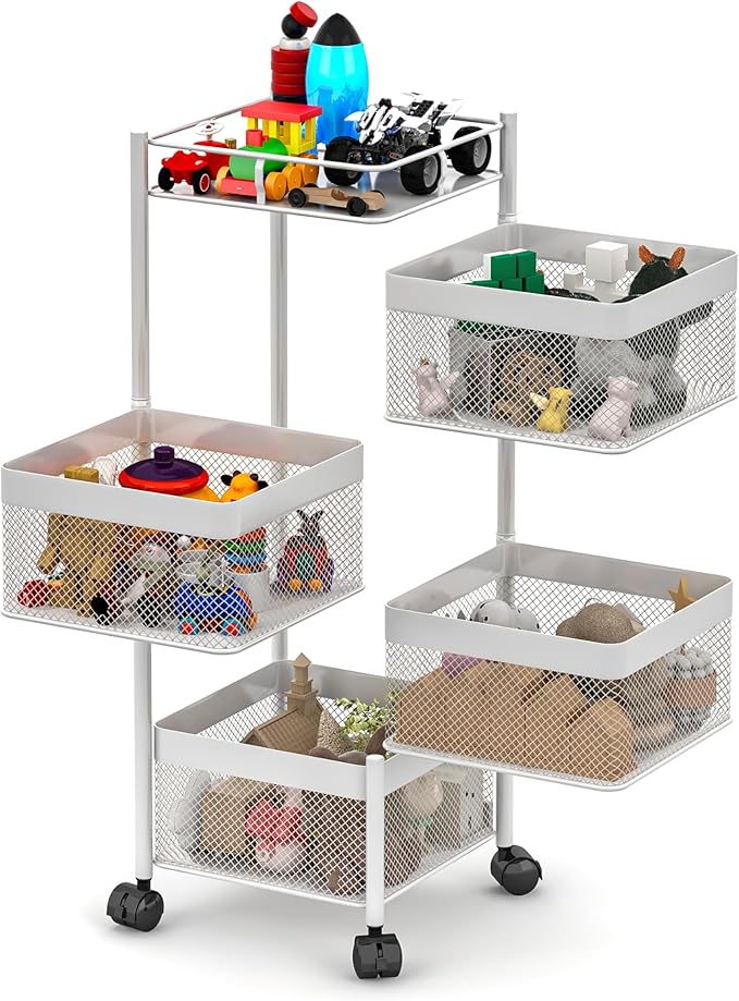 Rotating Kitchen Storage Rack,Fruit and Vegetable Basket Cart,Bathroom Shelf,Kitchen Organization and Storage Rack,Rolling Carts on Wheels(White, 4 Tier-Square)