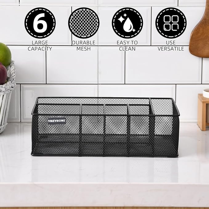 Paper Plate Organizer for Countertop, Metal Silverware Caddy with 6 Compartments for Cup, Napkin, Utensil Holder Caddy for Party, Camping, Picnic