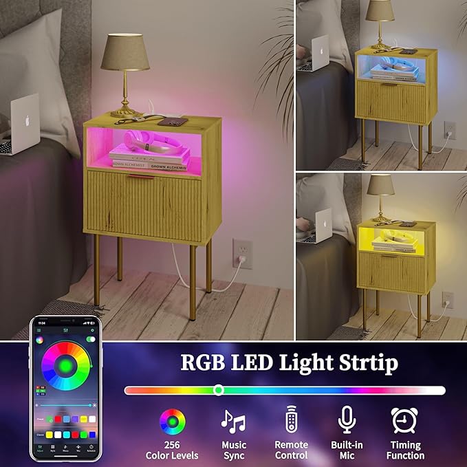 Nightstand with Charging Station, Bedside Table with Storage Drawer, Fluted Side Table for Living Room, Bedroom