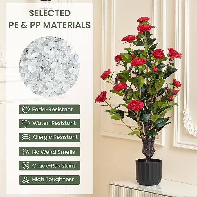 3.2FT Artificial Camellia Trees, Red Silk Flowers, Indoor Faux Plants with Realistic Trunk in Black Cement Pots for Home House Living Room Bedroom Office Decor, 2pcs