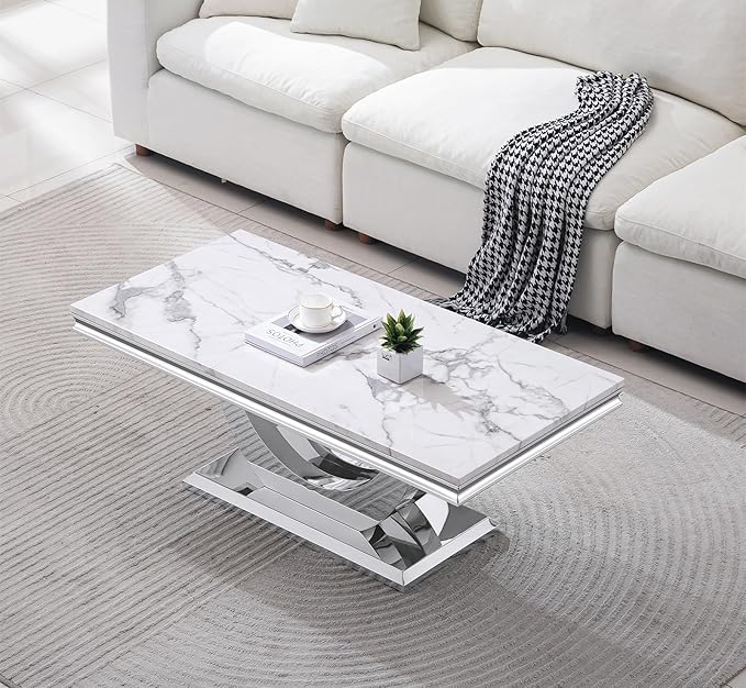SSLine Rectangular Faux Marble Coffee Table for Living Room Modern Luxury White Marble Center Table with Silver Dual U-Shape Base 46.8" Mid-Century Cocktail Table with Mirrored Stainless Steel Frame