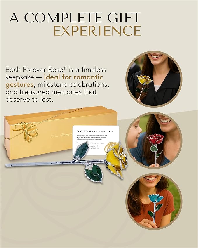 Forever Rose Real Yellow Rose with Platinum Trimmed Petals and Platinum Stem, Handcrafted Preserved Rose in Luxury Gold Gift Box, Romantic Gift for Her, Elegant Gift for Any Occasion
