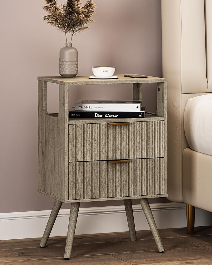 Grey Nightstand,Modern Bedside Table with 2 Storage Drawer and Open Wood Shelf, for Bedroom and Small Spaces,Night Stand with Solid Wood Legs,Grey Oak
